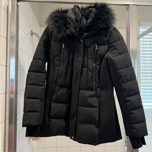 Michael Kors Black Quilted Down Puffer Coat with Faux Fur Hood